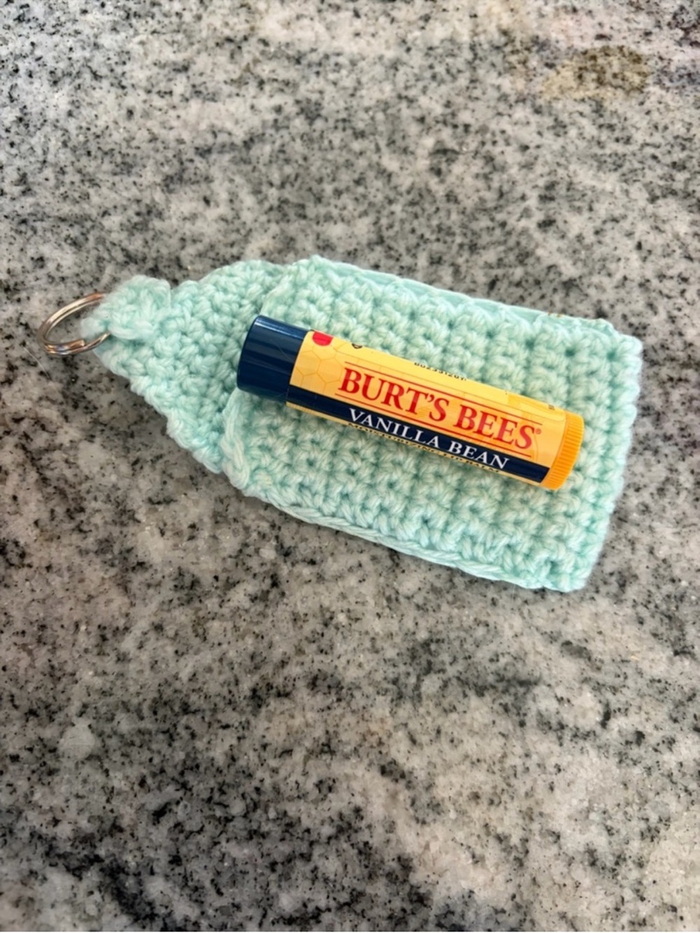 Handmade keychain Burt's Bees Vanilla Bean Lip Balm with Mint Crochet Holder